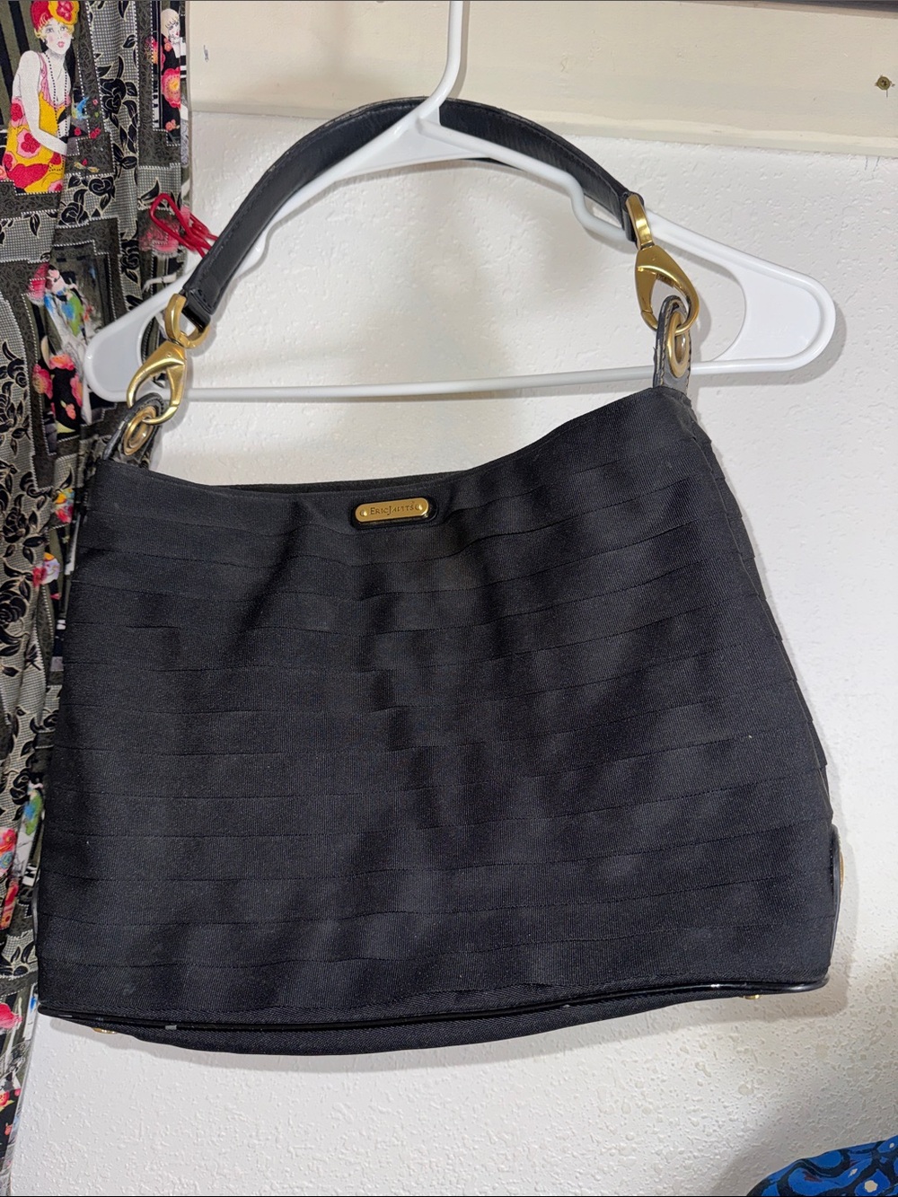 Black Eric Javits zip top Black Pleated Sling Purse
